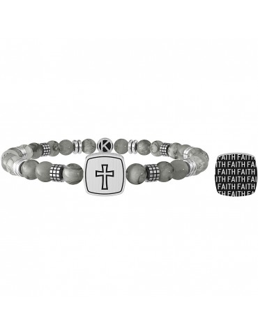 Kidult | Croce | Faith | Bracciale elastico con agata grigia e piasta in acciaio incisa | 732073