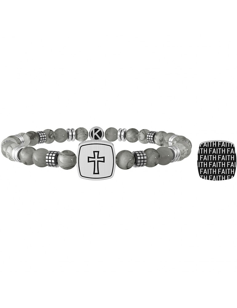 Kidult | Croce | Faith | Bracciale elastico con agata grigia e piasta in acciaio incisa | 732073