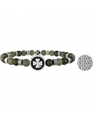 Kidult | Quadrifoglio | Good Luck | Bracciale elastico con diaspro verde e pistra in acciaio incisa | 732070