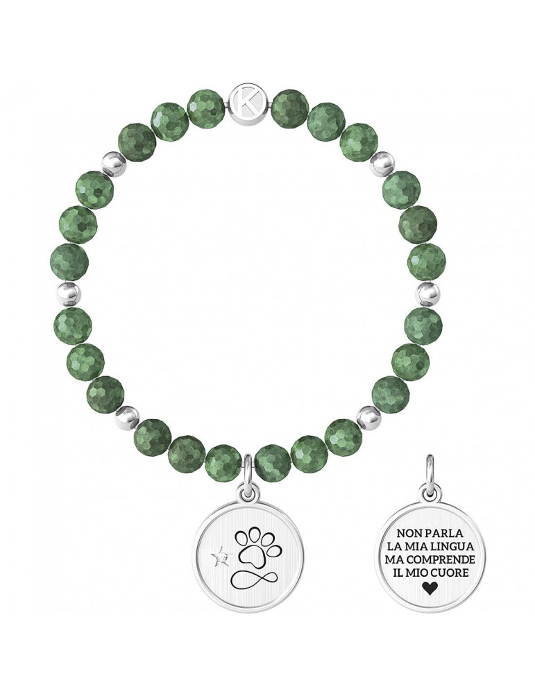 Kidult | Pets | Amore | Bracciale elastico con giada verde e ciondolo in acciaio | 732004