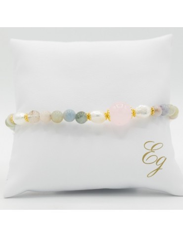 Egle Gioielli | Bracciale in argento 925‰ dorato con Acquamarina, giada rosa e perle naturali | P 75 BR