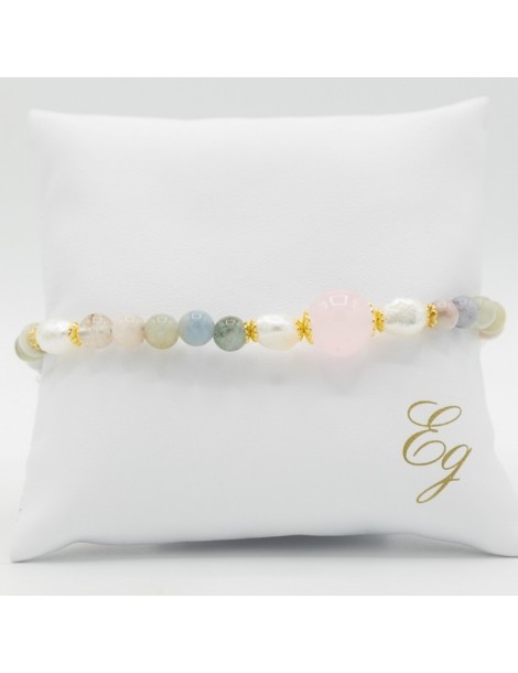 Egle Gioielli | Bracciale in argento 925‰ dorato con Acquamarina, giada rosa e perle naturali | P 75 BR