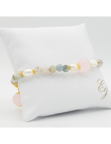 Egle Gioielli | Bracciale in argento 925‰ dorato con Acqua marina, giada rosa e perle naturali | P 75 BR