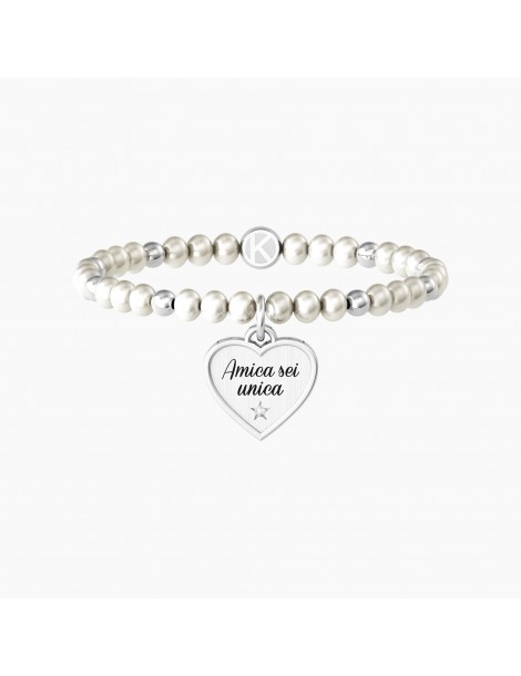 Kidult | Cuore | Amica Sei Unica | Bracciale elastico con perle coltivate e ciondolo a cuore | 7322231