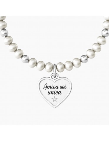 Kidult | Cuore | Amica Sei Unica | Bracciale elastico con perle coltivate e ciondolo a cuore | 7322231