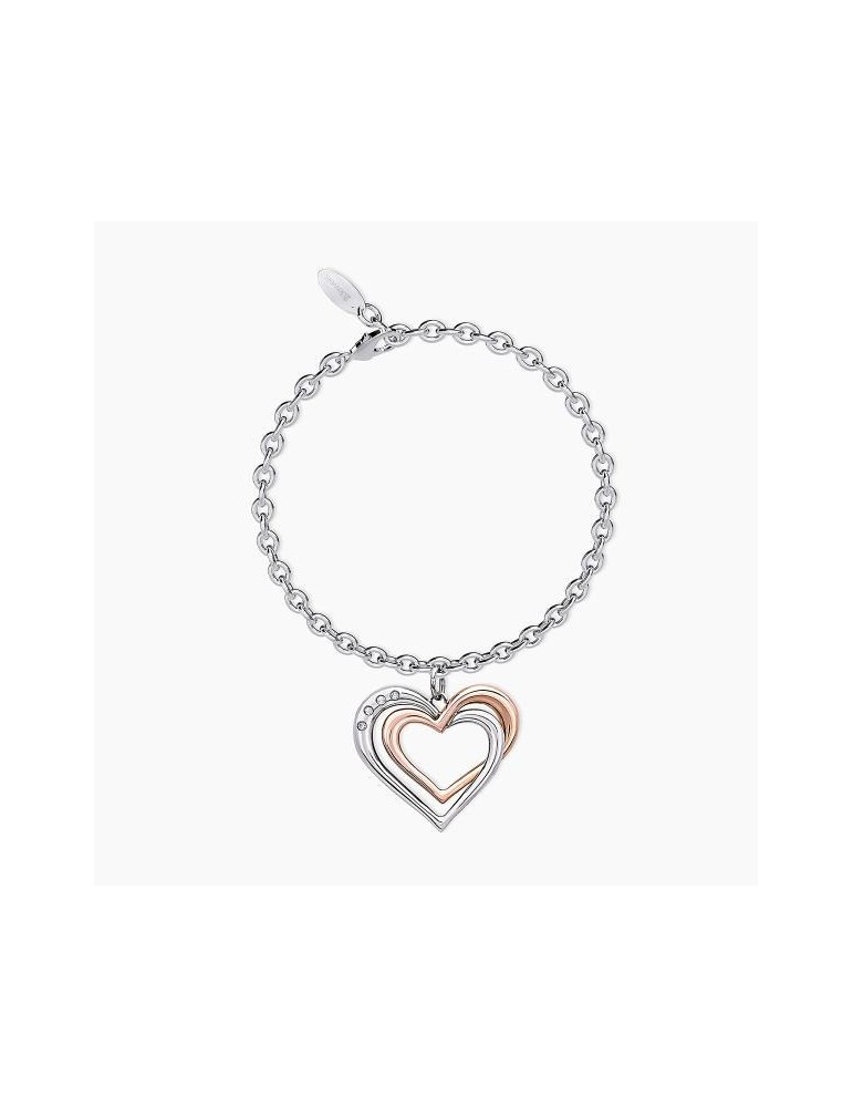 2Jewels | Bracciale in acciaio PVD rosato con doppio cuore e cristalli bianchi | 231950