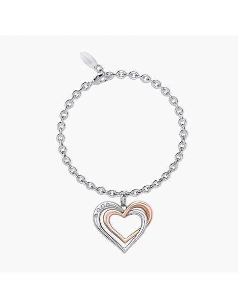 2Jewels | Bracciale in acciaio PVD rosato con doppio cuore e cristalli bianchi | 231950