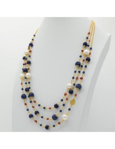 Egle Gioielli | Collana in argento 925‰ dorato con quarzo blu corallo e perle coltivate | C 112 CL