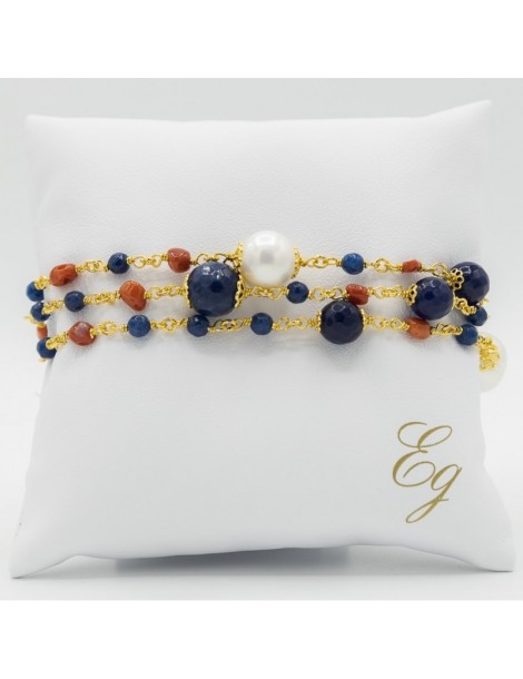 Egle Gioielli | Bracciale in argento 925‰ dorato con quarzo blu corallo e perle coltivate | C 112 BR