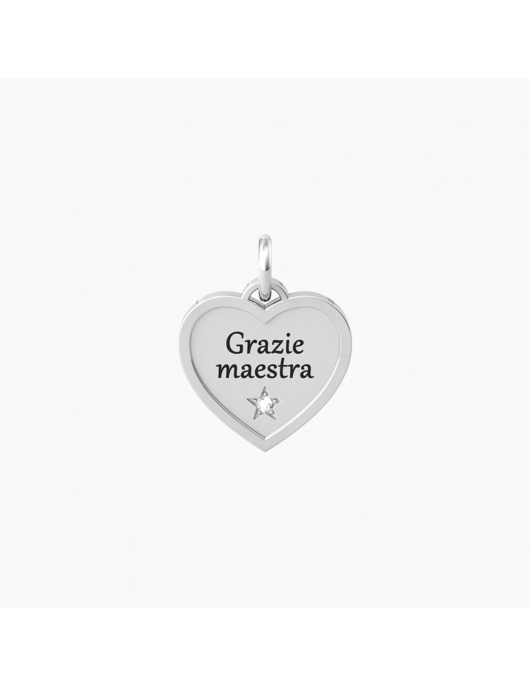 Kidult By You | Cuore | Grazie Maestra | Charm in acciaio con scritta e cristallo bianco | 741038