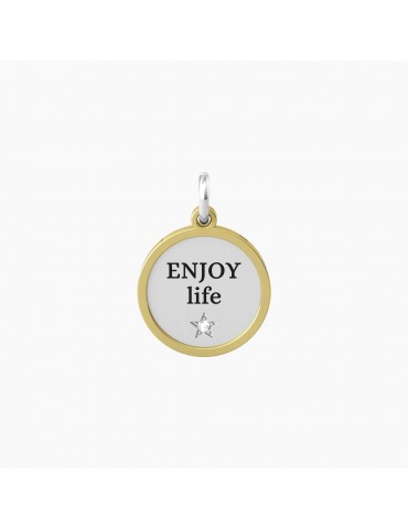 Kidult By You | Enjoy Life | Charm in acciaio dorato con scritta e cristallo bianco | 741020