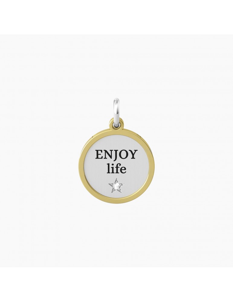 Kidult By You | Enjoy Life | Charm in acciaio dorato con scritta e cristallo bianco | 741020