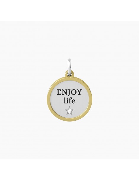 Kidult By You | Enjoy Life | Charm in acciaio dorato con scritta e cristallo bianco | 741020