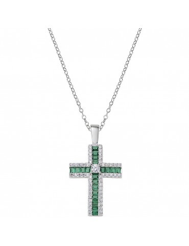 Amen | Croci | Collana in argento 925‰ croce e zirconi bianchi e zirconi verdi | CLCRBABBVEZ