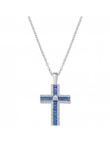 Amen | Croci | Collana in argento 925‰ croce e zirconi bianchi e zirconi blu | CLCRBABBBLZ