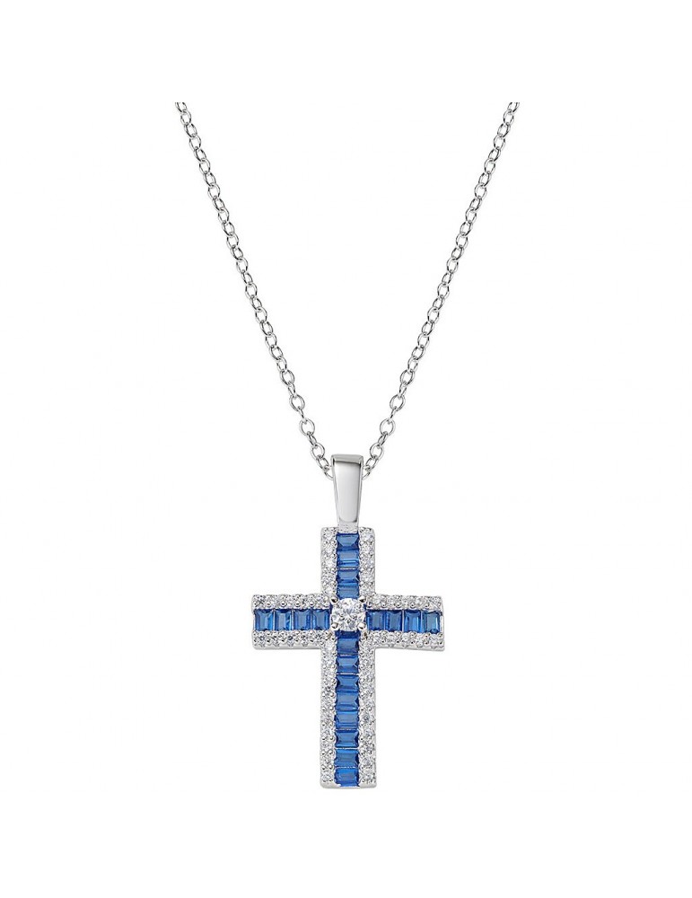 Amen | Croci | Collana in argento 925‰ croce e zirconi bianchi e zirconi blu | CLCRBABBBLZ