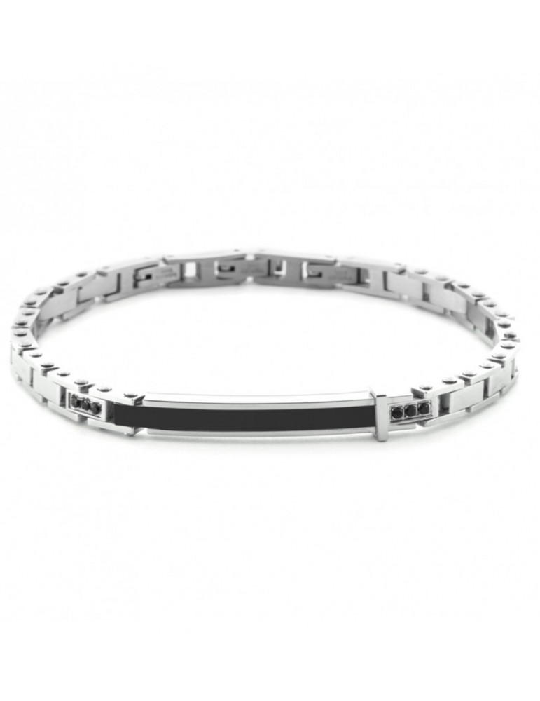 4US Paciotti | Bracciale in acciaio con targa e zirconi neri | 4UBR6996