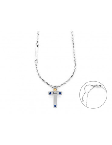 4US Paciotti | Collana con croce in acciaio con spinelli blu e oro 750‰ | 4UCL6925