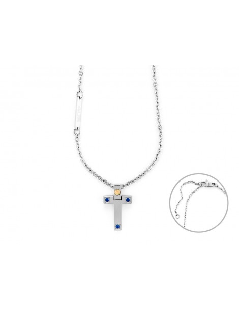 4US Paciotti | Collana con croce in acciaio con spinelli blu e oro 750‰ | 4UCL6925